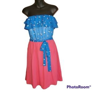 NWT Maurices Sleeveless Strapless Dress Medium- Blue Sailboat Print Top + Pink